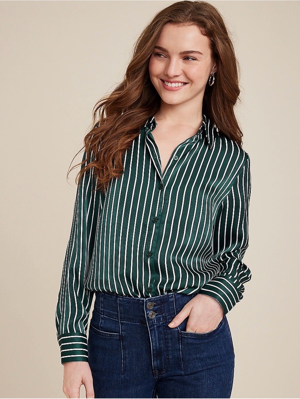 Maurice’s Winona Green Striped Satin Button Down Blouse Womens size XL